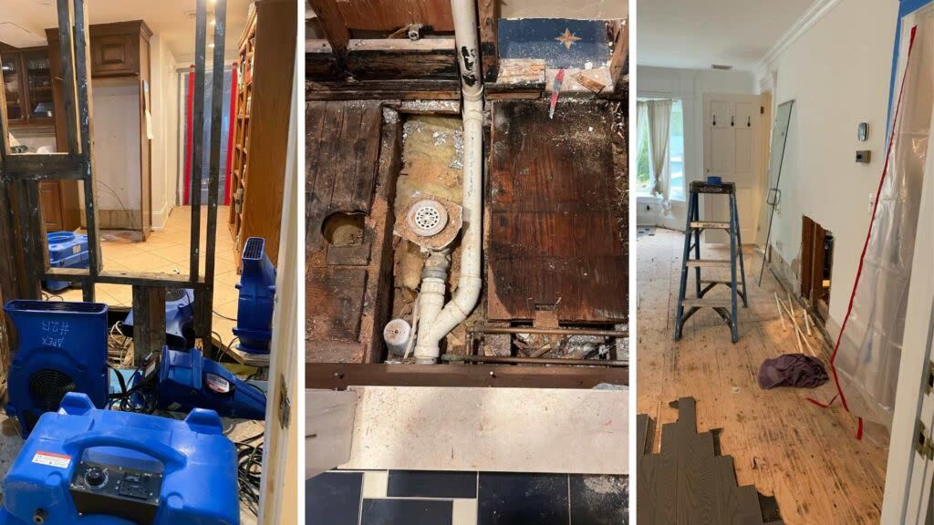 Illustrative before-and-after view of moisture-affected materials and a remediated space